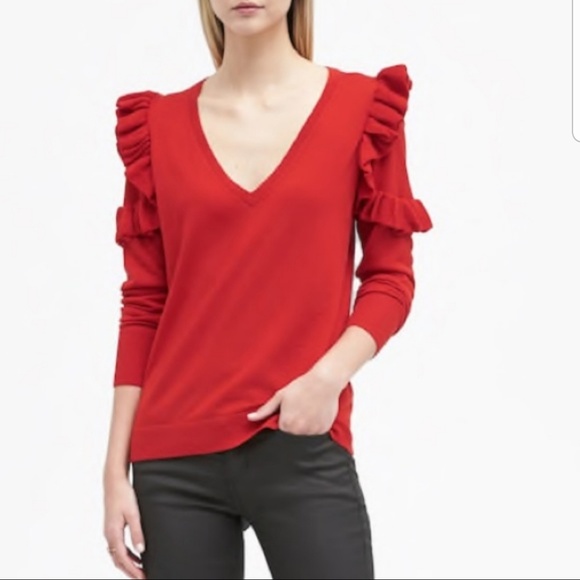 BR V-Neck Ruffled Shoulder Merino Sweater - Picture 2 of 4